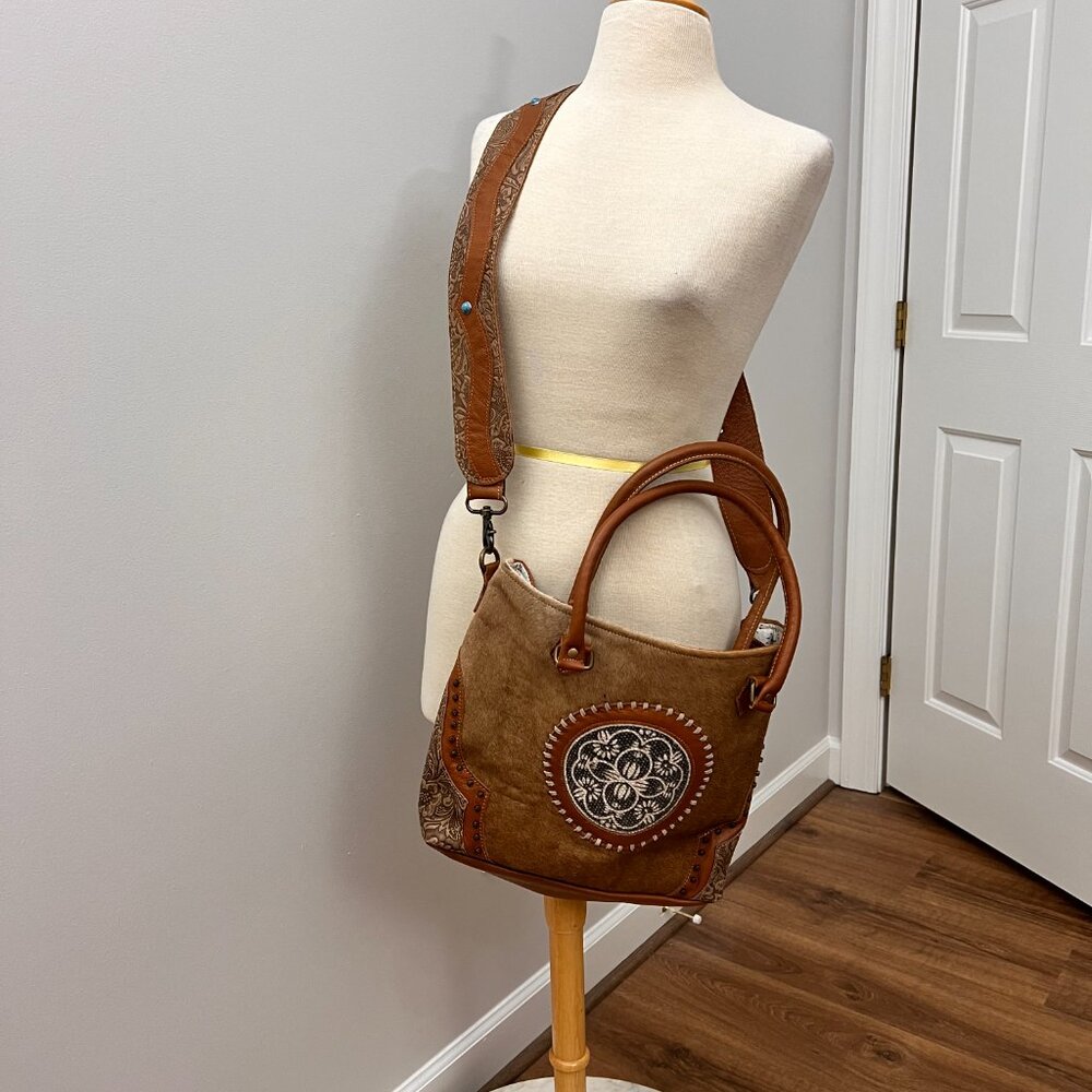 Myra Bag Brown Cow Hide Leather Turquoise Boho Western Large Crossbody Tote - Picture 13 of 14